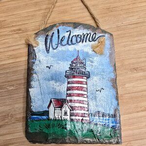 Vintage Lighthouse Painting on Original Roofing 1800s Slate Signed 6" Tall